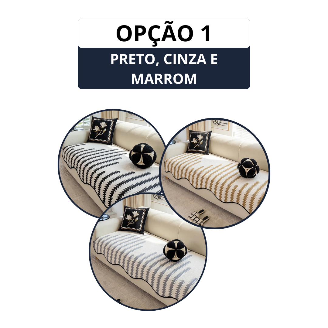 [COMPRE 2 LEVE 3] Capa de sofá moderna em chenille com estampa chevron e bordas onduladas.