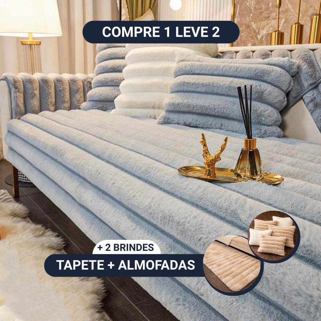 [COMPRE 1 LEVE 2] Capa de sofá listrada, espessa e macia [BRINDES] Tapete + Kit Almofadas