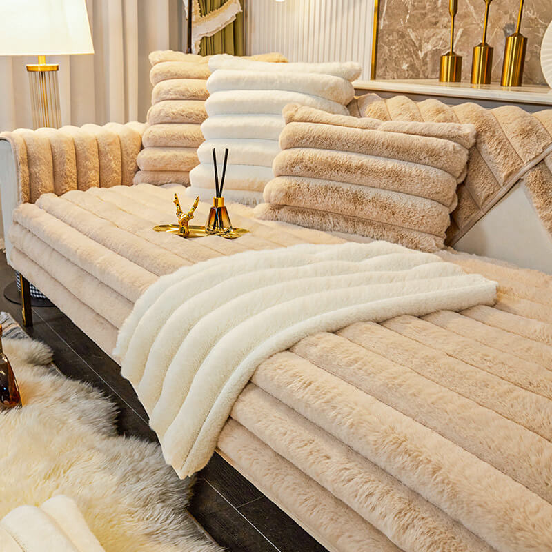 [COMPRE 1 LEVE 2] Capa de sofá listrada, espessa e macia [BRINDES] Tapete + Kit Almofadas